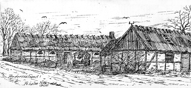 Gården Frederikslund i 1936, kort før den  blev nedrevet