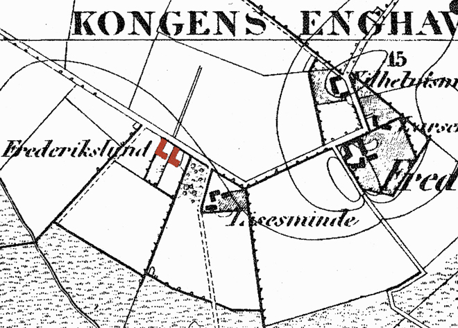 Kort over de gamle gårde i 1853